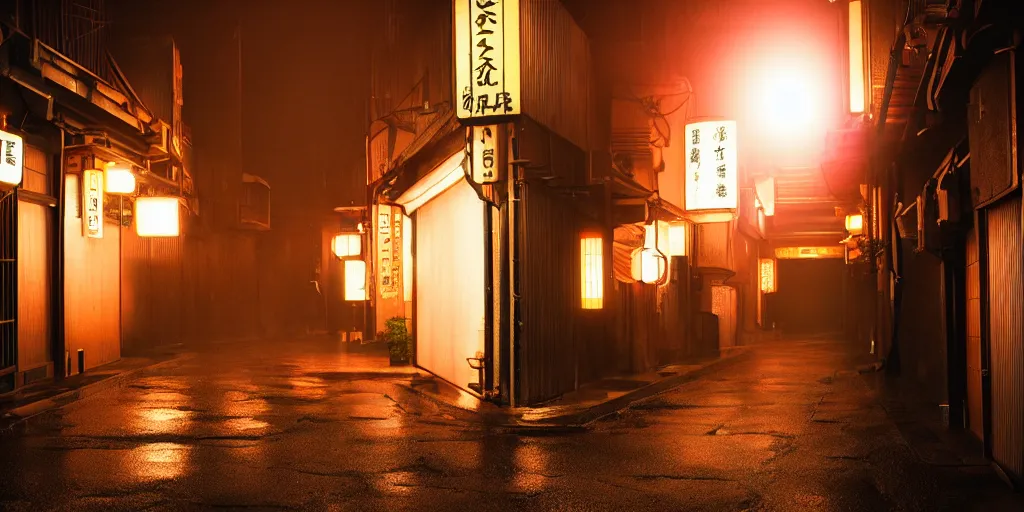 Image similar to a japanese alleyway at night, in the style of blade runner 2049, volumetric lighting