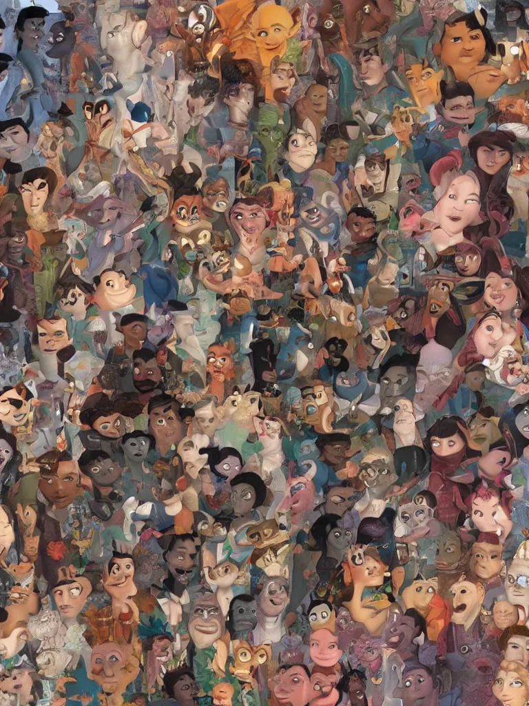 Prompt: thousand faces packed together by disney concept artists, blunt borders, rule of thirds