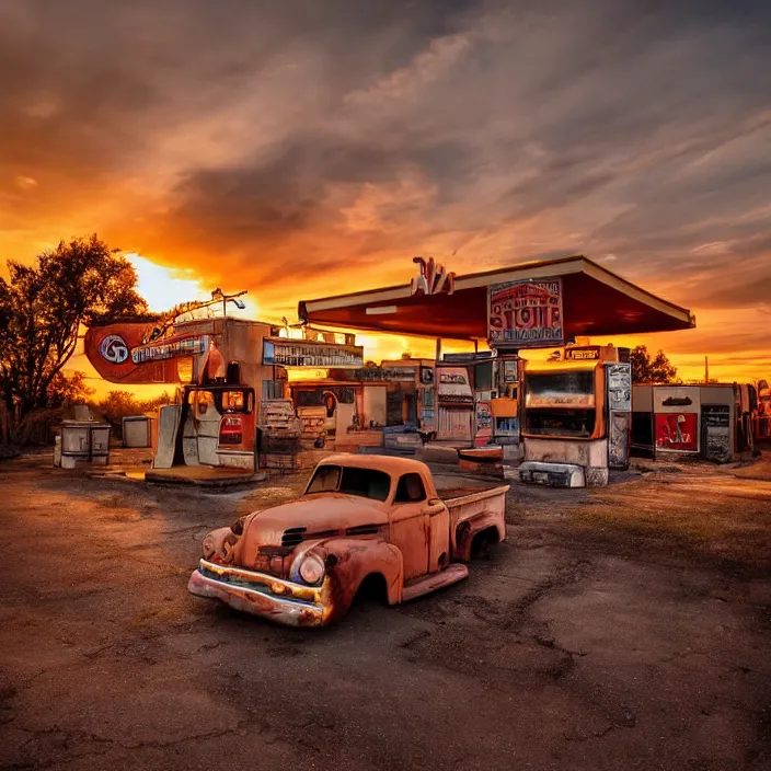 Image similar to a sunset light landscape with historical route 6 6, lots of sparkling details and sun ray ’ s, blinding backlight, smoke, volumetric lighting, colorful, octane, 3 5 mm, abandoned gas station, old rusty pickup - truck, beautiful epic colored reflections, very colorful heavenly, softlight