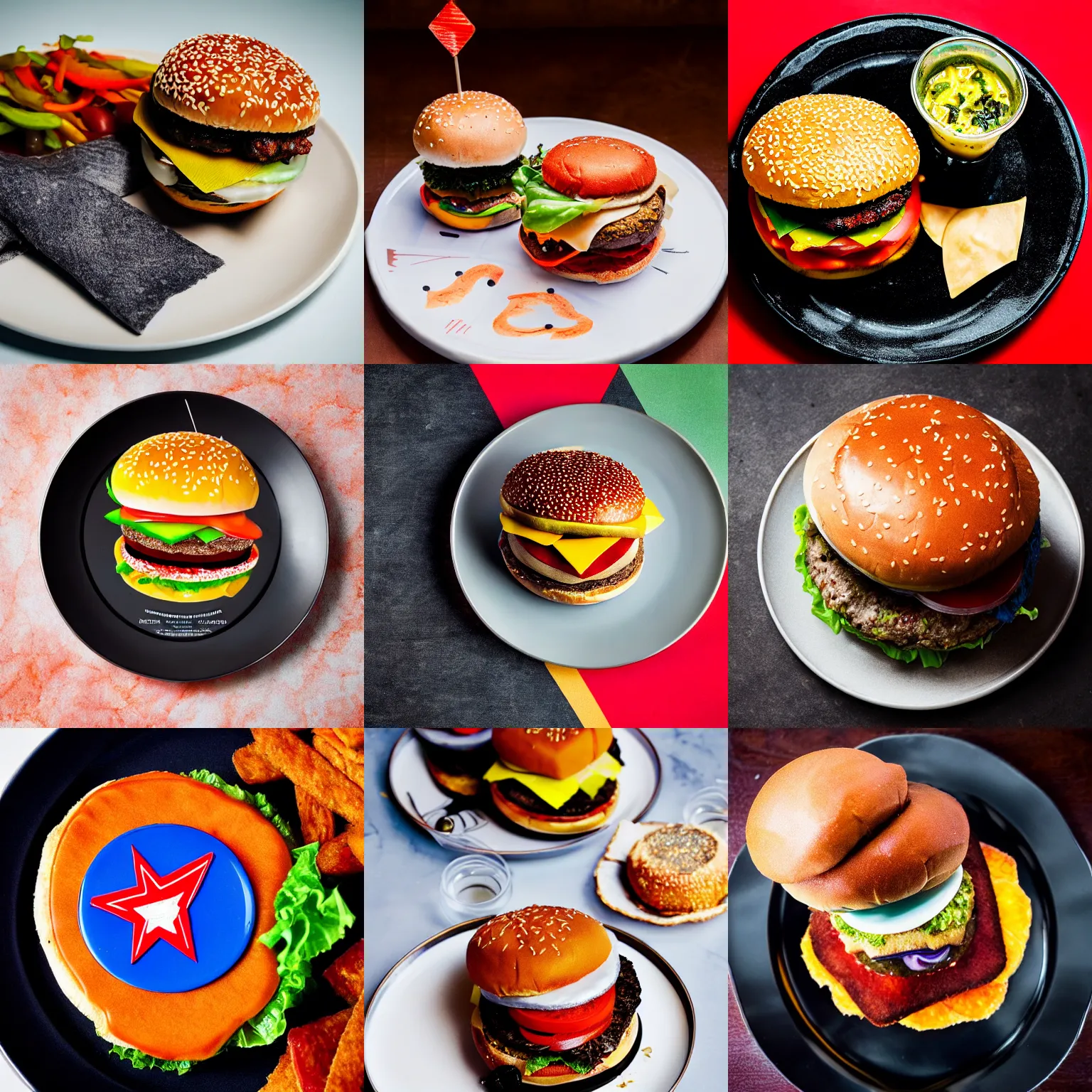 Prompt: David Bowie themed cheeseburger, food photography, burger on a plate, 22mm