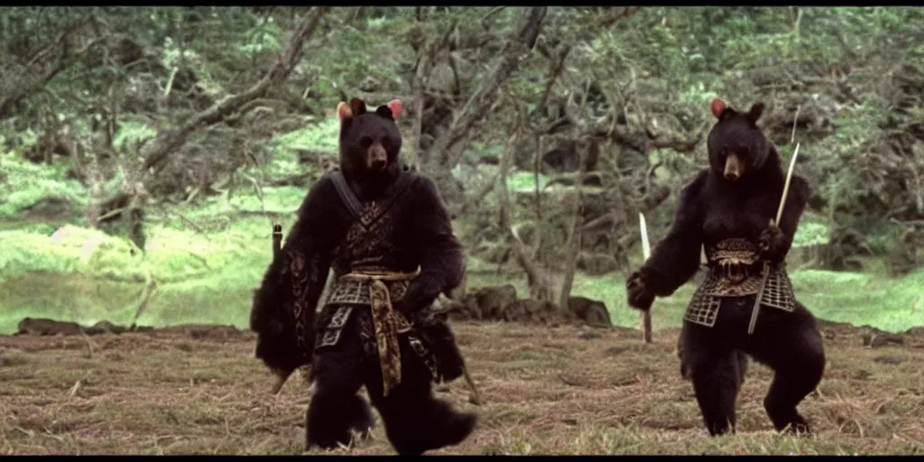 Image similar to scene from Kagemusha, 1980, movie still, cinematic, anthropomorphic, half man half asian black bear, black bear samurai, Moon Bear Samurai, epic, samurai