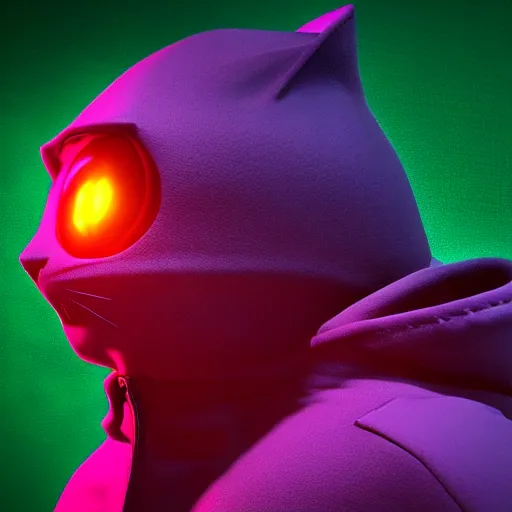 Image similar to a hacker cat, green hoodie accomplished look, dark background, shadows, portrait, fantasy, matte painting, bold shapes, hard edges, octane render, unreal engine