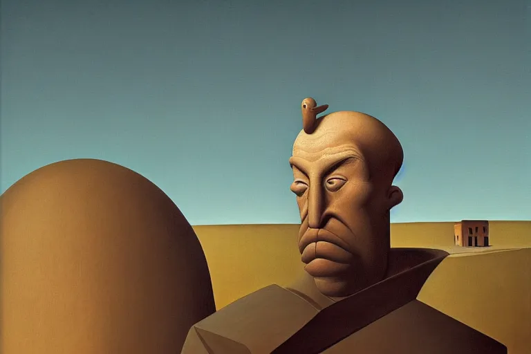 Prompt: Man with a gigantic nose banished from the village, by Grant Wood, Brian Despain, surrealism, figurativism, Giorgio de Chirico, brutalism, artstation