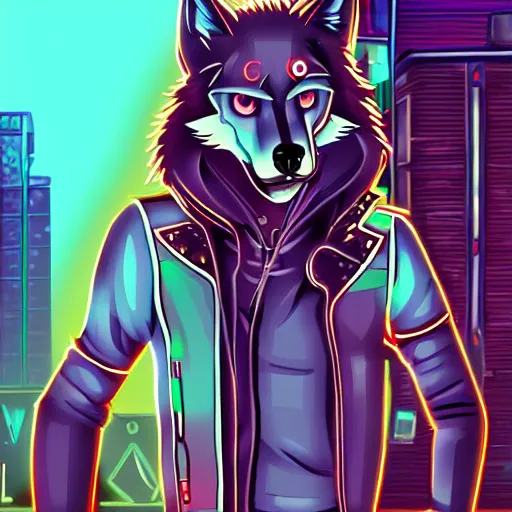 Image similar to beautiful furry digital art portrait of an androgynous furry anthro wolf fursona both wearing punk clothes in the streets of a cyberpunk city. neon signs.