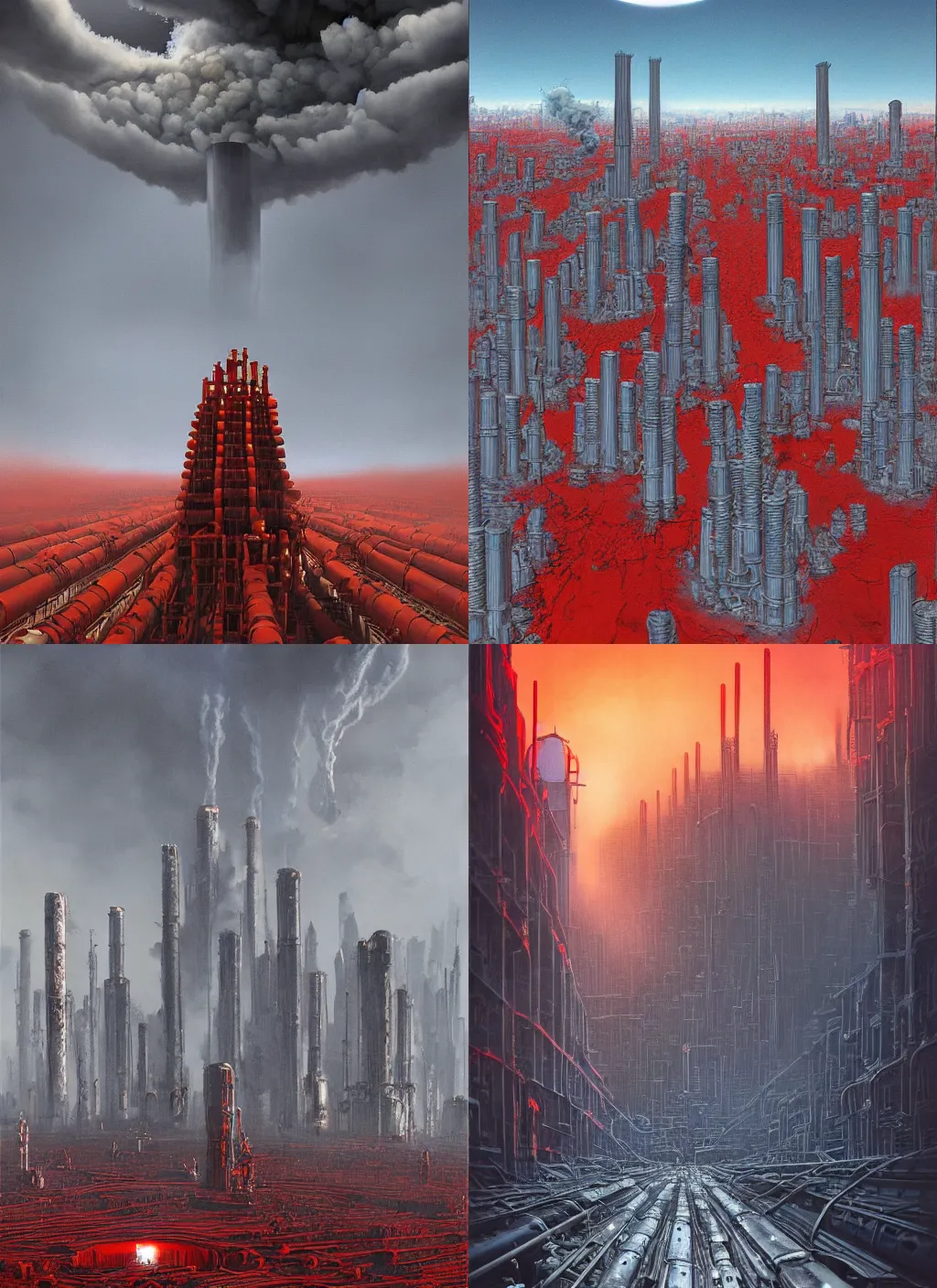 Prompt: a world with no future, a giant column of grey smoke billows around a massive vertical city on the horizon, the sky is blue, the ground is covered with dense red pipes leading toward the explosion, pipes completely cover the ground, concept art, gritty world, fantasy, sci-fi, fish-eye lens bookcover by michael whelan