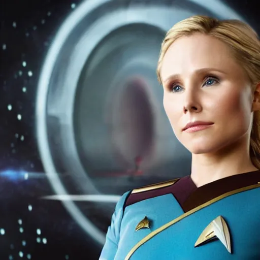 Image similar to a beautiful full body photograph of kristen bell as a star fleet officer from star trek next generation, extreme realism and detail, 8 k, completely framed, direct lighting, 3 5 mm photo, photorealistic, sharp focus