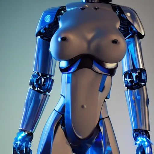 Prompt: womanized humanoid robot made of steel, beautiful face, short blue hair!!!, big breasts, light glowing metal wings, anatomically correct, futuristic, glowing details!, symmetrical, unreal engine 5, ray tracing, natural shaders, 8 k, uhd, ultrarealistic, clear, sharp, highly detailed