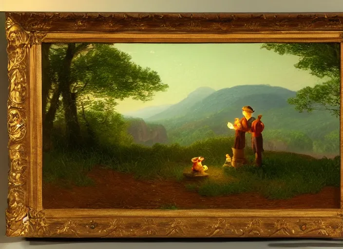 Image similar to american realist romanticism landscape painting of winnie the pooh characters at night, night time, colorful paper lanterns, in the style of hudson river school and thomas cole and albert bierstadt and robert duncanson and vincent van gogh