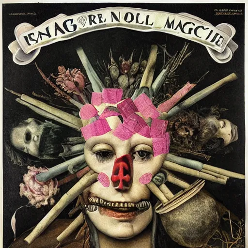 Image similar to post - punk new age album cover, asymmetrical design, dollar bank notes, capitalism, magic, apocalypse, psychedelic, black white pink, magic, giger h. r., giuseppe arcimboldo