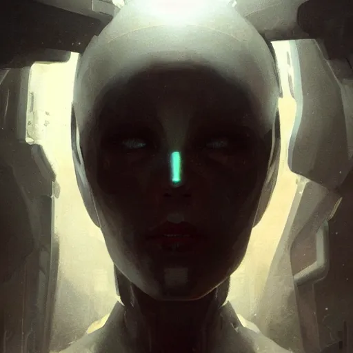 Image similar to concept art by greg rutkowski, female cyborg in a room from the spaceship, high tech and futuristic white walled environment, unnatural lighting, uncanny atmosphere, frightening and creepy atmosphere, scifi, highly detailed portrait, digital painting, artstation, concept art, smooth, sharp foccus ilustration, artstation hq