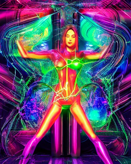 Image similar to a powerful energy psychedelic matrix woman, by alexander fedosav, hyper detailed digital matte painting, concept art, hyperrealism, 1 6 k resolution, cinema 4 d, 8 k resolution, trending on artstation, behance hd, a masterpiece, by stephan martiniere, particles, cel - shaded, power bright neon energy, by david a. hardy,