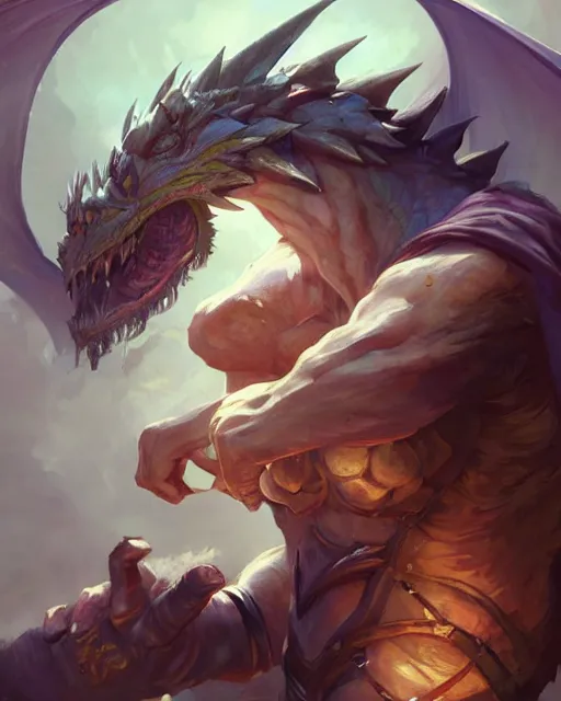 Image similar to '' Portrait of Weredragon character, league of legends, LOL, fantasy, d&d, digital painting, artstation, concept art, sharp focus, illustration, art by greg rutkowski and alphonse mucha ''