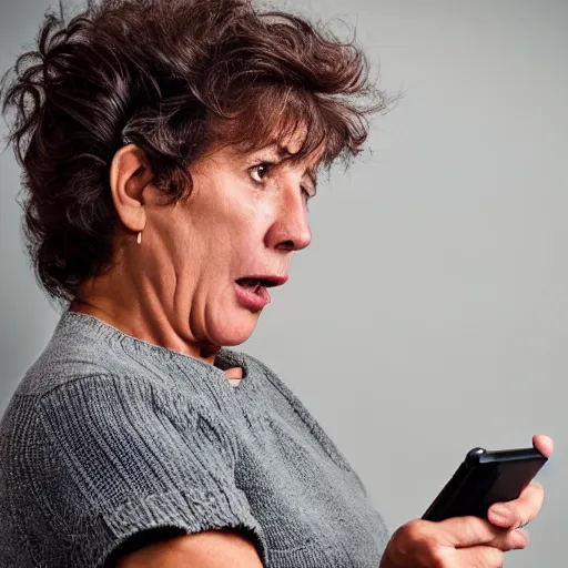 Image similar to astonished middle aged lady looking at smartphone angrily, wild hair, greek ethnicity, straight grey hair, angry eyes,