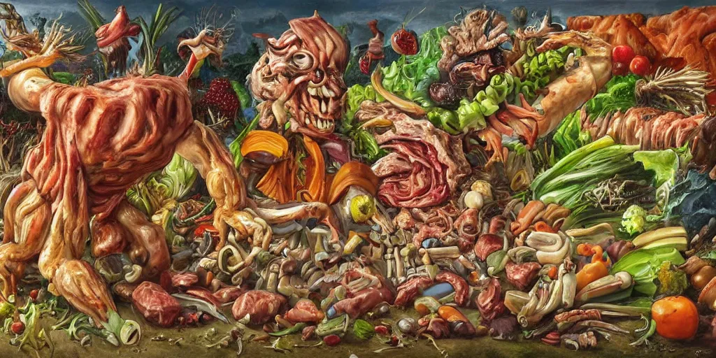 Prompt: a high detailed painting of a monster made of meat, chicken and junk food fighting a monster made of vegetables and fruits, surrealism, magic realism bizarre art