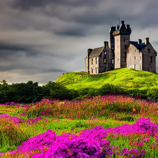 Image similar to a lovely scottish castle in a wide field, surrounded by flowers warm lighting