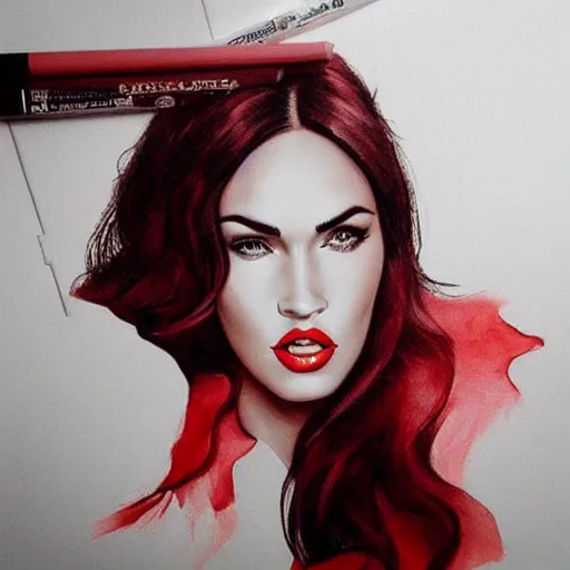 Image similar to “Beautiful Megan Fox Red pencil paintings, only red white colors, ultra detailed portrait, 4k resolution”