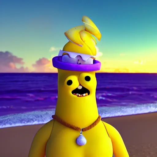 Prompt: 3 d octane render, of a hot anthropomorphic lemon female character inspired by cartoon adventure time, with lemon skin texture, she is wearing a hat, building a sandcastle on the beach at sunset, beach, huge waves, sun, clouds, long violet and green trees, rim light, cinematic photography, professional, sand, sandcastle, volumetric lightening