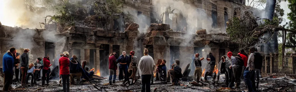 Prompt: group huddled around a fire in a decaying building with the world outside overgrown and in ancient architecture ruins from a higher perspective with dramatic lighting