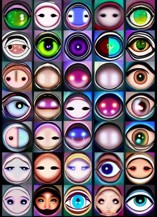 Image similar to diverse eyes!, rotating circle, dot pupils, eyes reflecting eyes, teams, healing, energetic, life, hybrids, thin glowing devices, reflections, vitals visualiser!!, advanced art, art styles mix, from wikipedia, grid of styles, various eye shapes