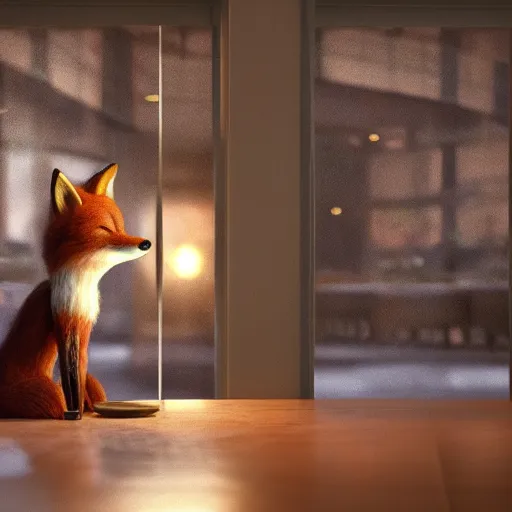 Image similar to beautiful humanoid fox detective in an restaurant, hyperrealism, moonlight through window. fine art, masterpiece 3 d render, octane render, 4 k