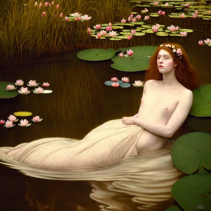 Image similar to Kodak Portra 400, 8K, soft light, volumetric lighting, highly detailed, britt marling style 3/4 ,portrait photo of a beautiful woman how pre-Raphaelites painter, the face emerges from the water of a pond with water lilies, in the pose of Ophelia Millais, a beautiful lace dress and hair are intricate with highly detailed realistic beautiful flowers , Realistic, Refined, Highly Detailed, natural outdoor soft pastel lighting colors scheme, outdoor fine art photography, Hyper realistic, photo realistic