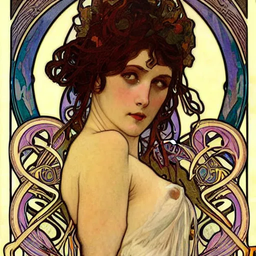 Prompt: realistic detailed face portrait of Lilith by Alphonse Mucha, Art Nouveau, Neo-Gothic, gothic, rich deep colors