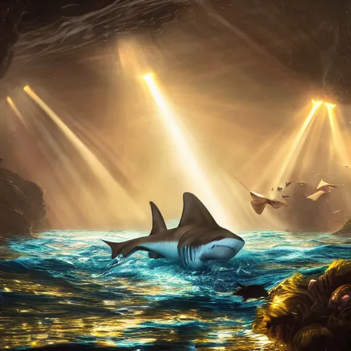 Image similar to a shark underwater and fish swimming around, underwater light beams ,beautiful dynamic lighting, cinematic, wide angle establishing shot, extremely high detail, photo realistic, cinematic lighting, post processed, concept art, artstation, matte painting, style by frederic church, raphael lacoste, unreal engine 8k