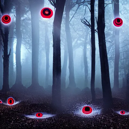 Image similar to An octane render of many pairs of red glowing eyes in a dark forest