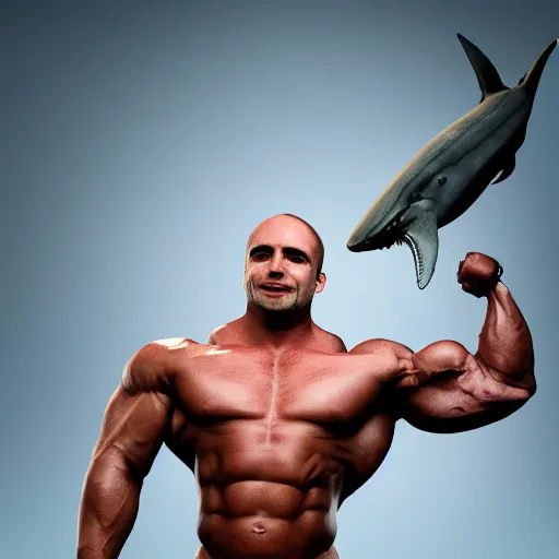 Image similar to bodybuilder with shark head, portrait, photography, 4 k, unreal engine