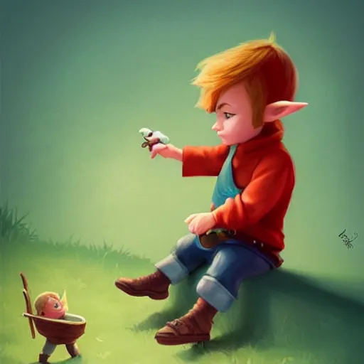 Image similar to cute little boy character inspired in little hood red and link from legend of zelda, digital artwork made by lois van barlee and rhads