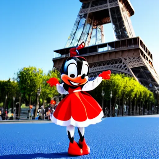 Image similar to Superhero Ladybug from Disney posing in front of the Eiffel tower in front of a blue sky on a sunny day, dynamic camera angle