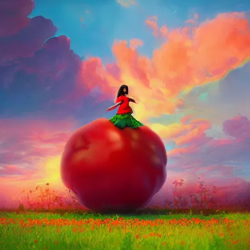 Image similar to giant tomato plant in front of head, full body girl dancing in a tomato garden, surreal photography, sunrise, dramatic light, impressionist painting, colorful clouds, digital painting, artstation, simon stalenhag