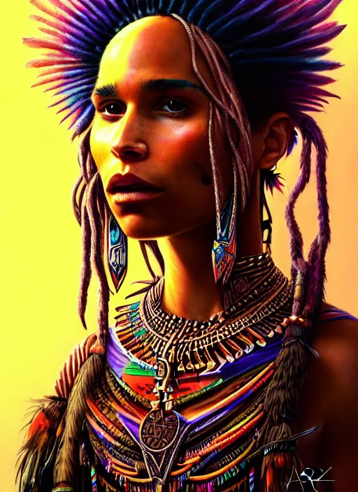 Image similar to portrait of zoe kravitz, hyper detailed ultra sharp aztec shaman warrior. trending on artstation, warpaint aesthetic, bloodwave, colorful, psychedelic, ornate, intricate, digital painting, concept art, smooth, sharp focus, illustration, art by artgerm and greg rutkowski and h. r. giger, 8 k