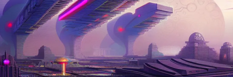 Image similar to a sprawling cybernetic temple, a large hi - tech city, and a river surrounded by fractal mountains, volumetric clouds, cybernetic faces, vaporwave aesthetic, colorful, psychedelic, digital painting, artstation, concept art, smooth, sharp focus, illustration, art by artgerm and greg rutkowski and alphonse mucha