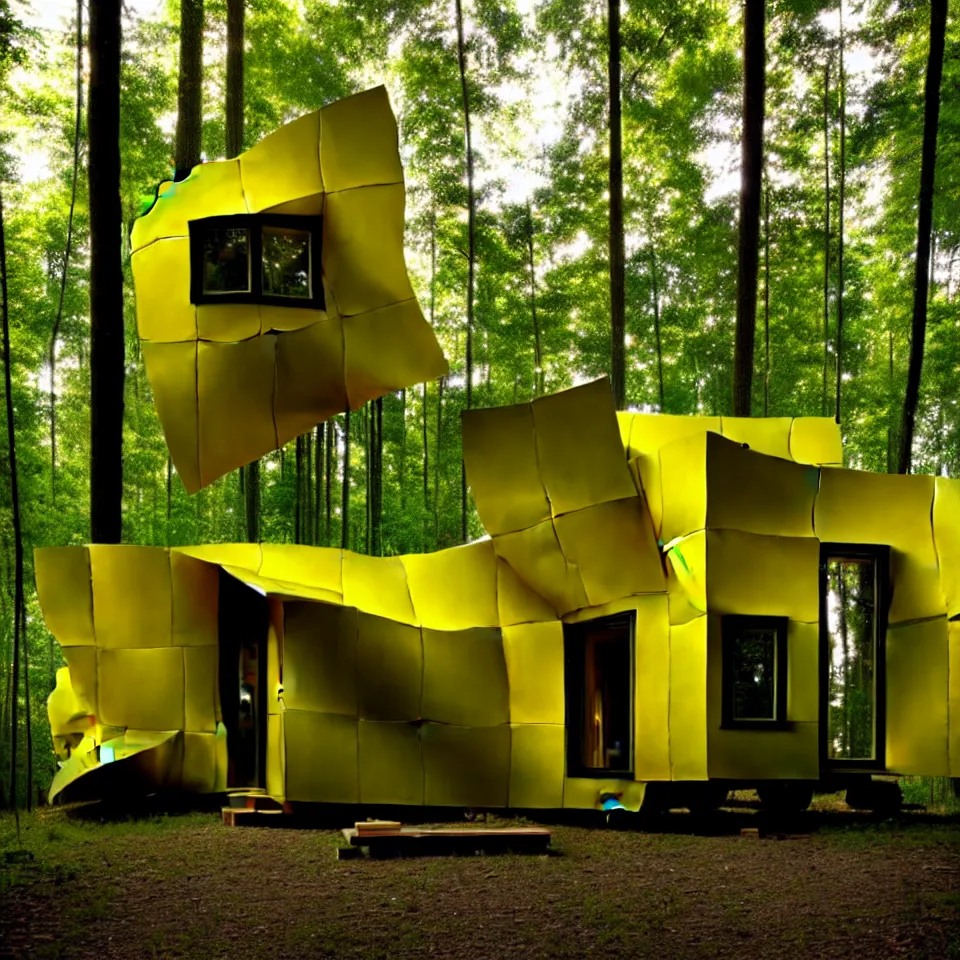 Prompt: a tiny tiny house with big tiles, from far away, in a forest, designed by frank gehry. film grain, cinematic, yellow hue