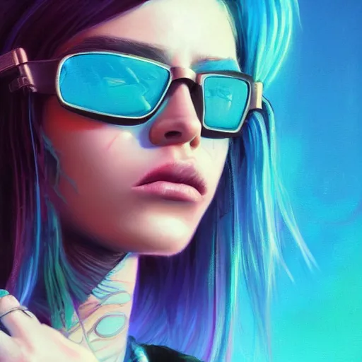 Prompt: very detailed masterpiece closeup painting of a very beautiful young mexican cyberpunk woman with light blue shutter shades, one side haircut, long brown hair with light blue ends, purple leather jacket, synthwave background, portrait, synthwave background, artstation, concept art by greg rutkowski