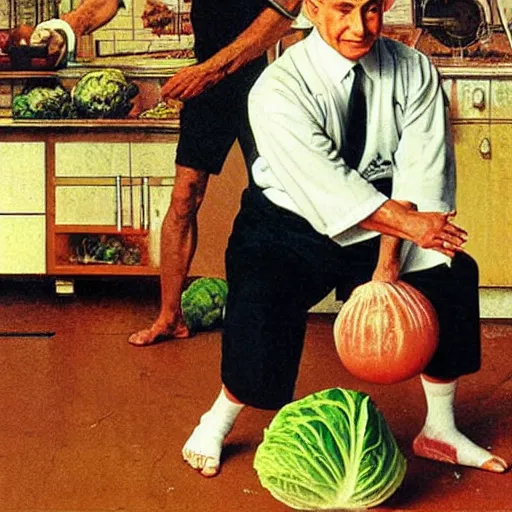 Image similar to benjamin netanyahu karate chopping a cabbage while wearing karate uniform, by norman rockwell, highly detailed