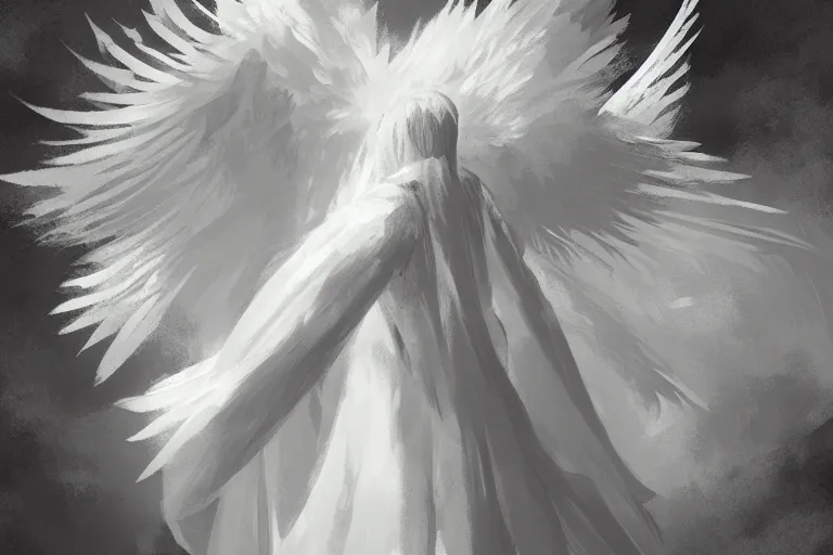 Prompt: a white angel with feathered wings open, digital art in the style of Craig Mullins , 4k