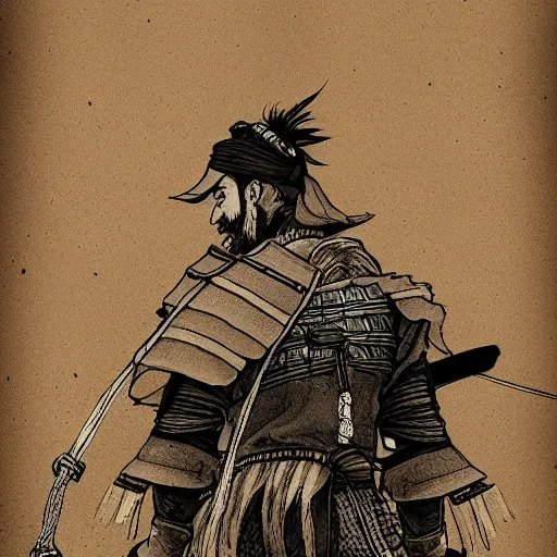 Image similar to a portrait from behind of a samurai man vagabond that holds chains, detailed, illustration, concept art, ink style, sketch