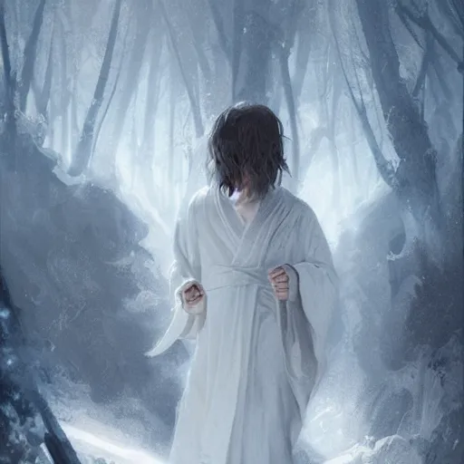 Prompt: boy with snow white shoulder-length hair, wearing a white flowing robe. beautiful hyperdetailed eyes, concept art, illustration, by greg rutkowski