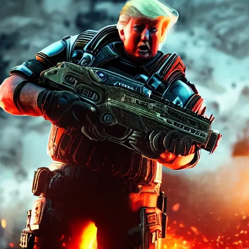 Image similar to Donald Trump in Gears of War, splash art, movie still, cinematic lighting, dramatic, octane render, long lens, shallow depth of field, bokeh, anamorphic lens flare, 8k, hyper detailed, 35mm film grain