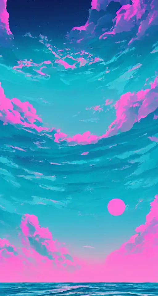 Image similar to Beautiful vaporwave ocean horizon, there is an alien planet in the distance over the horizon, viewed from the beach, digital art, trending on artstation, iphone wallpaper