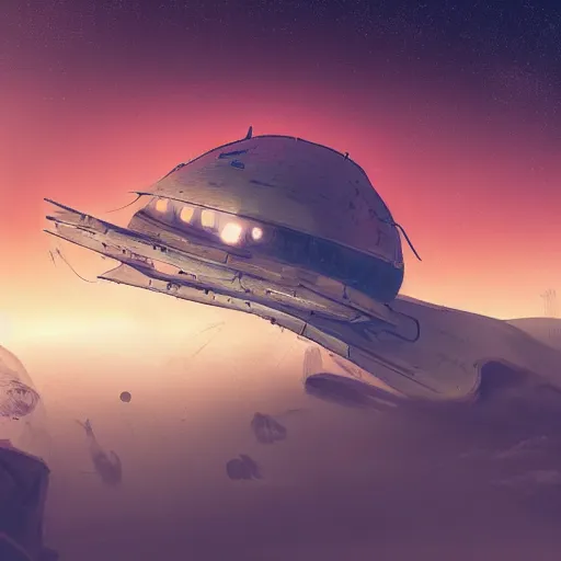 Image similar to a spaceship crashed into a foreign planet, wasteland. The spaceship is buried in the ground. red sky with beautiful white clouds. in the style of digital art, artstation trending