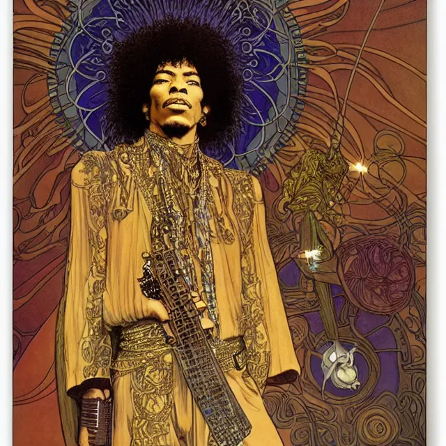 Image similar to artwork by Franklin Booth and Edmund Dulac showing a portrait of Jimi Hendrix as a futuristic space shaman, Alphonse Mucha background, futuristic electric guitar, star map, smoke, platonic solids