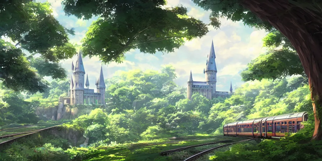 Image similar to A beautiful illustration of beautiful Hogwarts train, castle, leaves, trees, steam, magic, wide angle, by makoto shinkai, Wu daozi, very detailed, deviantart, 8k, wallpaper, tropical, colorful, airy, anime illustration, anime nature wallpap