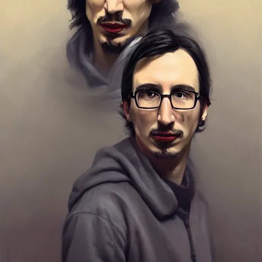 Image similar to photogenic, john oliver and adam driver, john oliver in front, adam driver behind john oliver, stylized, realistic poster, centered, dark, smokey, digital painting, art by jeremy lipking, deviant art, art by artgerm, art by greg rutkowski, art by alphonse