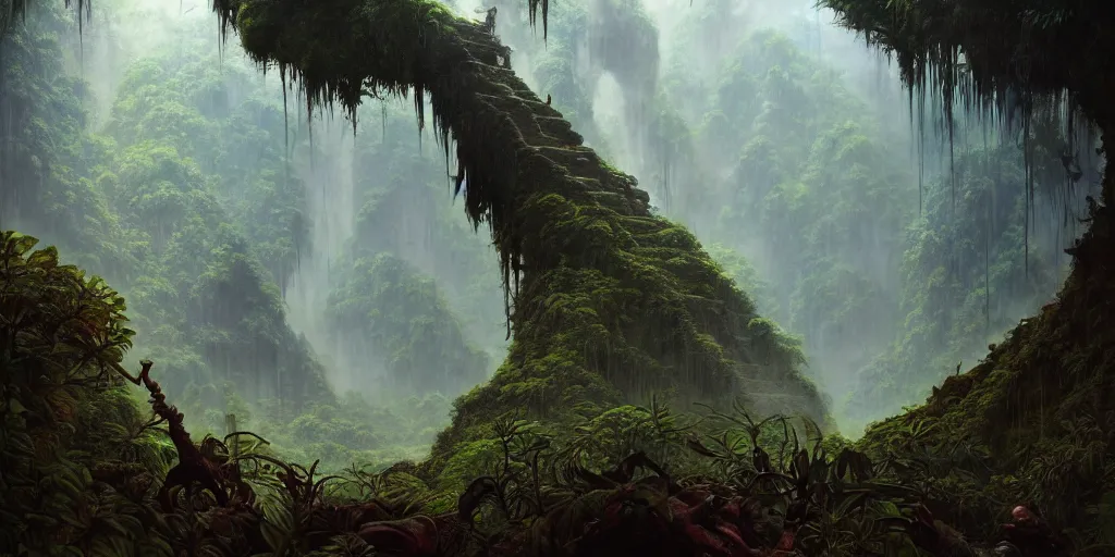 Image similar to a expressive landscape of mayan ancient jungle, artstation, award - winning realistic sci - fi concept art by jim burns and greg rutkowski, beksinski, a realism masterpiece, expressive color palette, james gilleard, bruegel, alphonse mucha, and yoshitaka amano