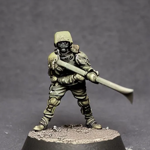 Image similar to an excited Death Korps of Kreig soldier wearing grey and wielding a shovel