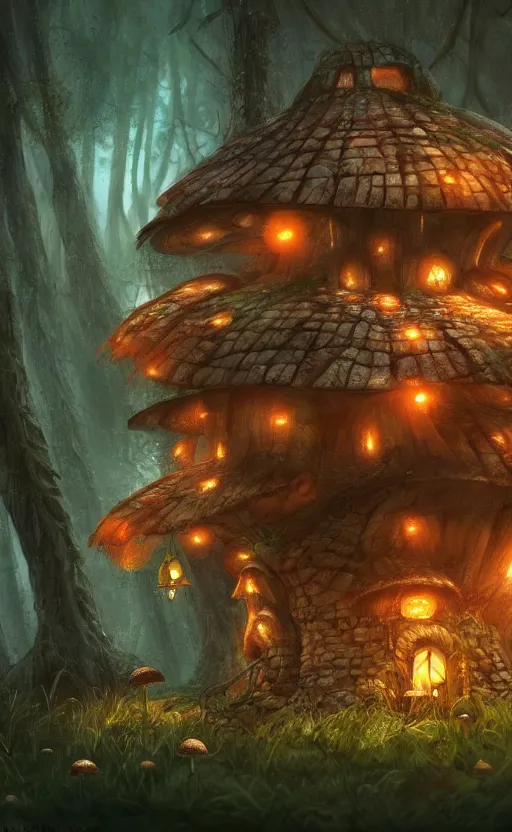 Image similar to a mushroom house in the middle of a forest at night, the lights are on, dynamic lighting, photorealistic fantasy concept art, trending on art station, stunning visuals, creative, cinematic, ultra detailed