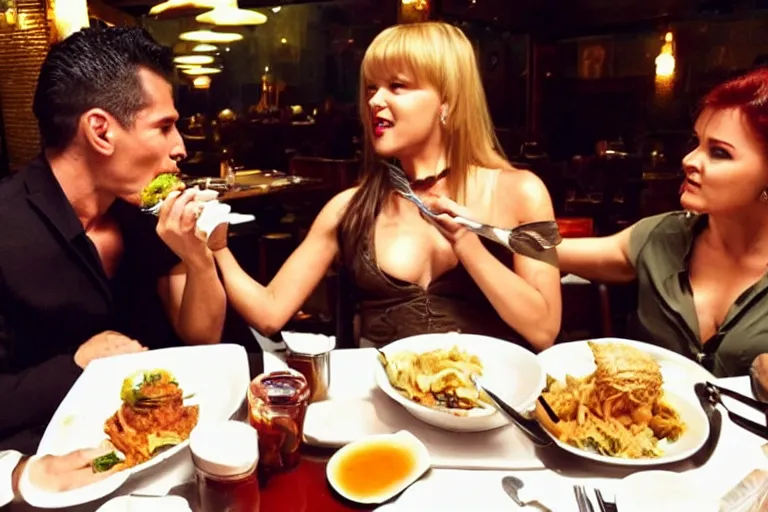 Image similar to lucu lawless as xena warrior princess eating at a restaurant with a handsome cuban man wearing a suit